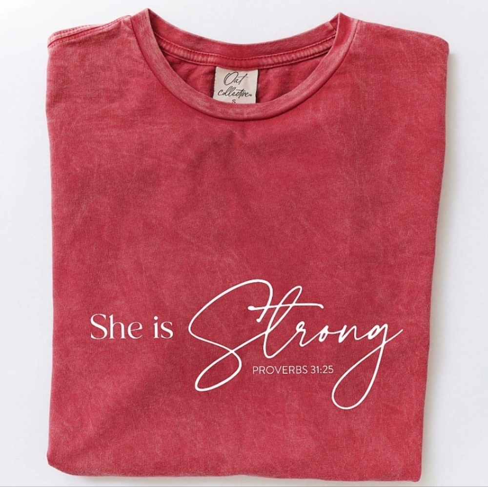 🐧#609 SHE IS STRONG PROVERBS 31:25 Mineral Washed Graphic Top